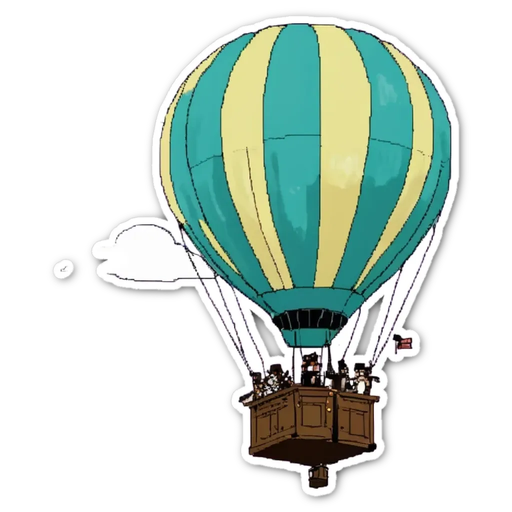 A cartoon depiction of a hot air balloon with several people inside.