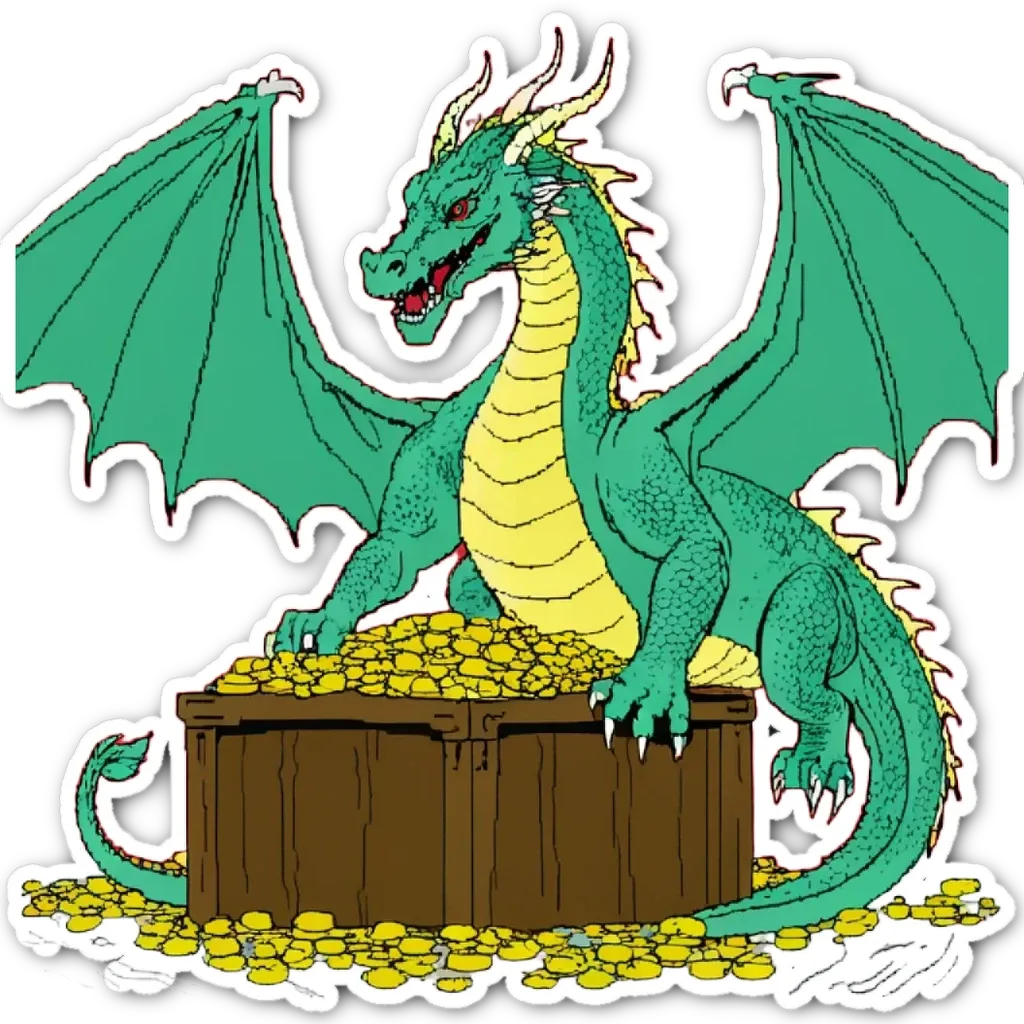 A green dragon sitting on a chest full of gold coins.