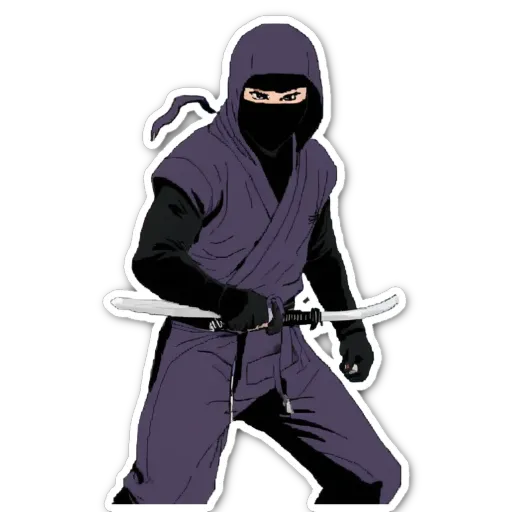 A sticker of a black ninja with a purple outfit and a black belt.