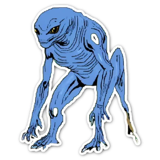 A blue alien with yellow eyes standing on a black background.