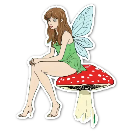 A picture of a sticker of a girl on a toadstool.