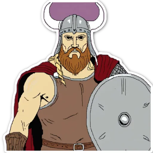 A drawing of a man with a shield that is purple and has the number 2 on it.