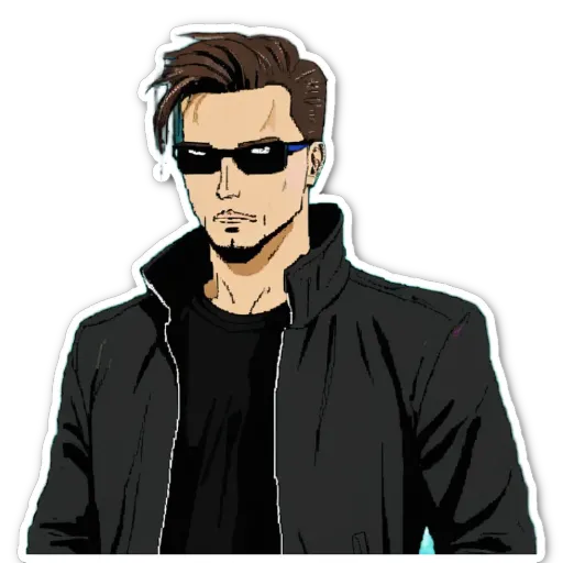 A sticker of a man wearing sunglasses and a black jacket.