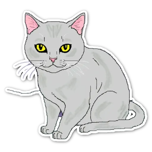 A gray cat with yellow eyes is sitting down.