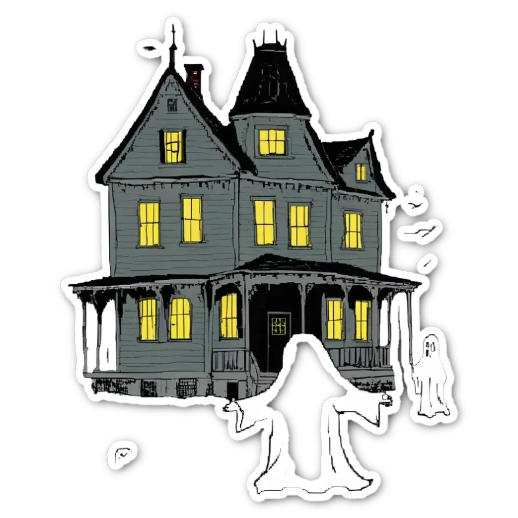 A sticker of a house that says "welcome to halloween village".