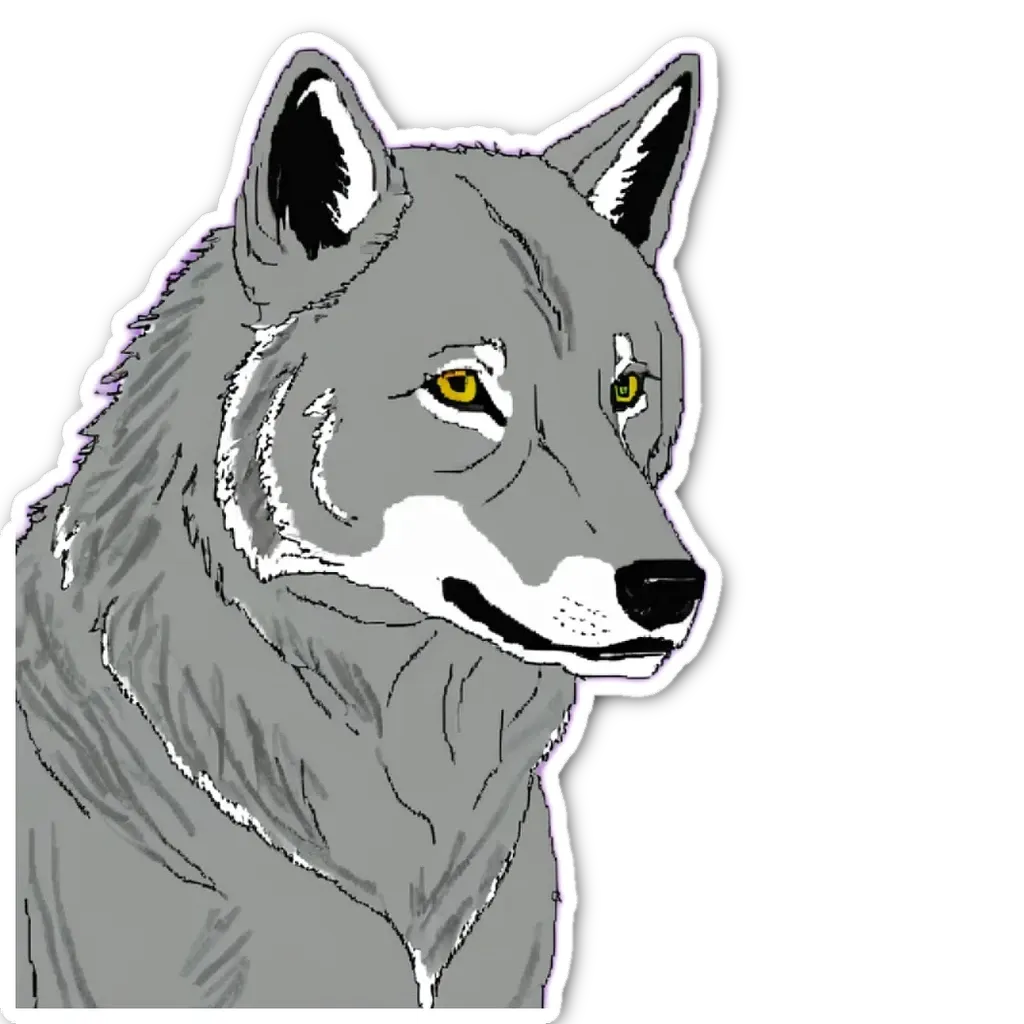 A grey wolf with yellow eyes is staring at the camera.