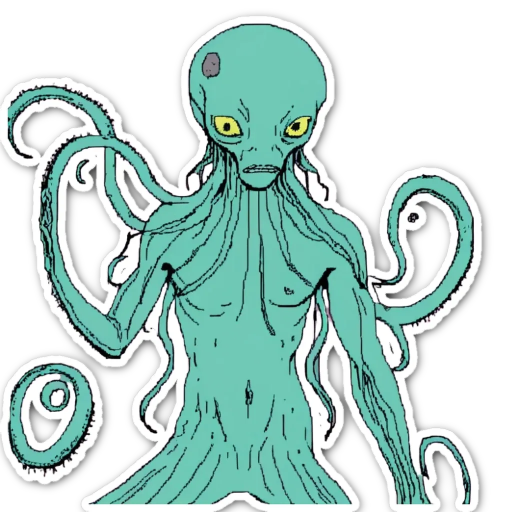 A green alien with yellow eyes standing in front of a black background.