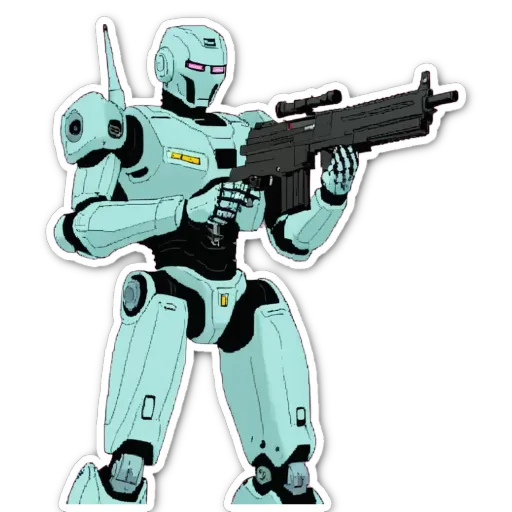 A green robot with a gun on its head is pointing it at something.