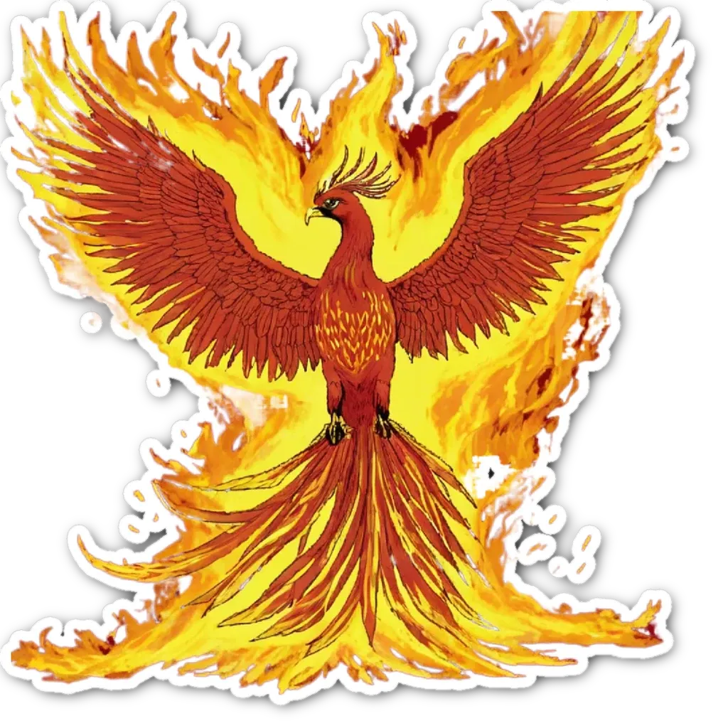 A sticker of a fire bird that is orange and blue.