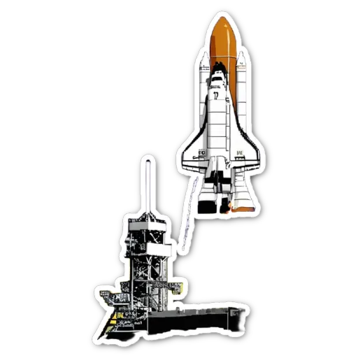 A space shuttle is next to a rocket, the rocket has the number 17 on it.