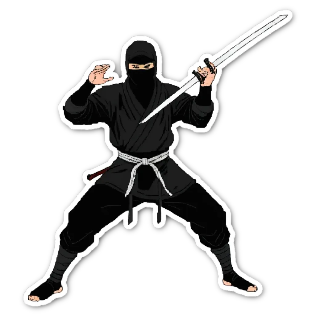 A cartoon depiction of a man in a black kendo outfit holding a sword.