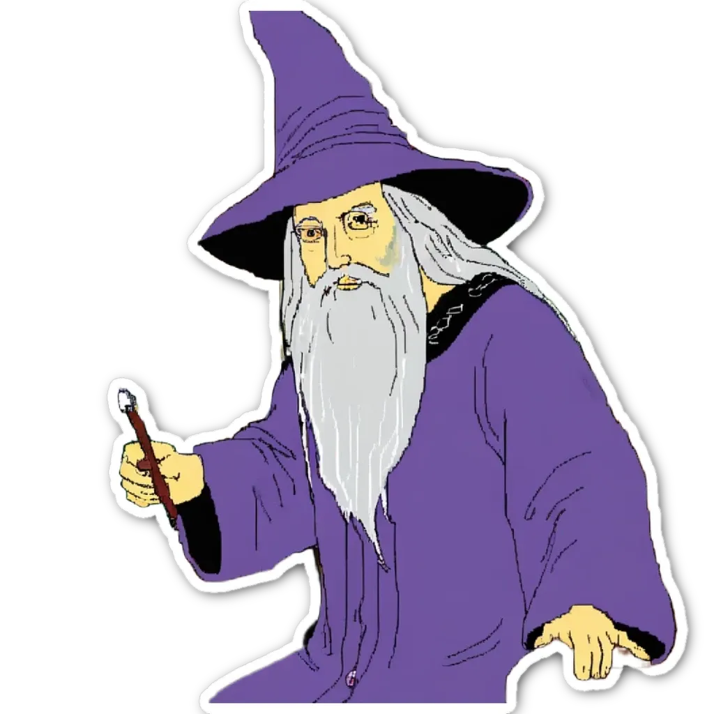 A cartoon drawing of a wizard with a purple robe and a wand.