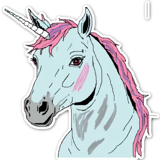 A unicorn with a pink nose and blue eyes.