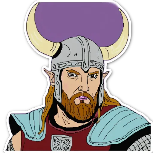 A very detailed and drawn cartoon picture of a man with a Viking headdress and a red outfit.