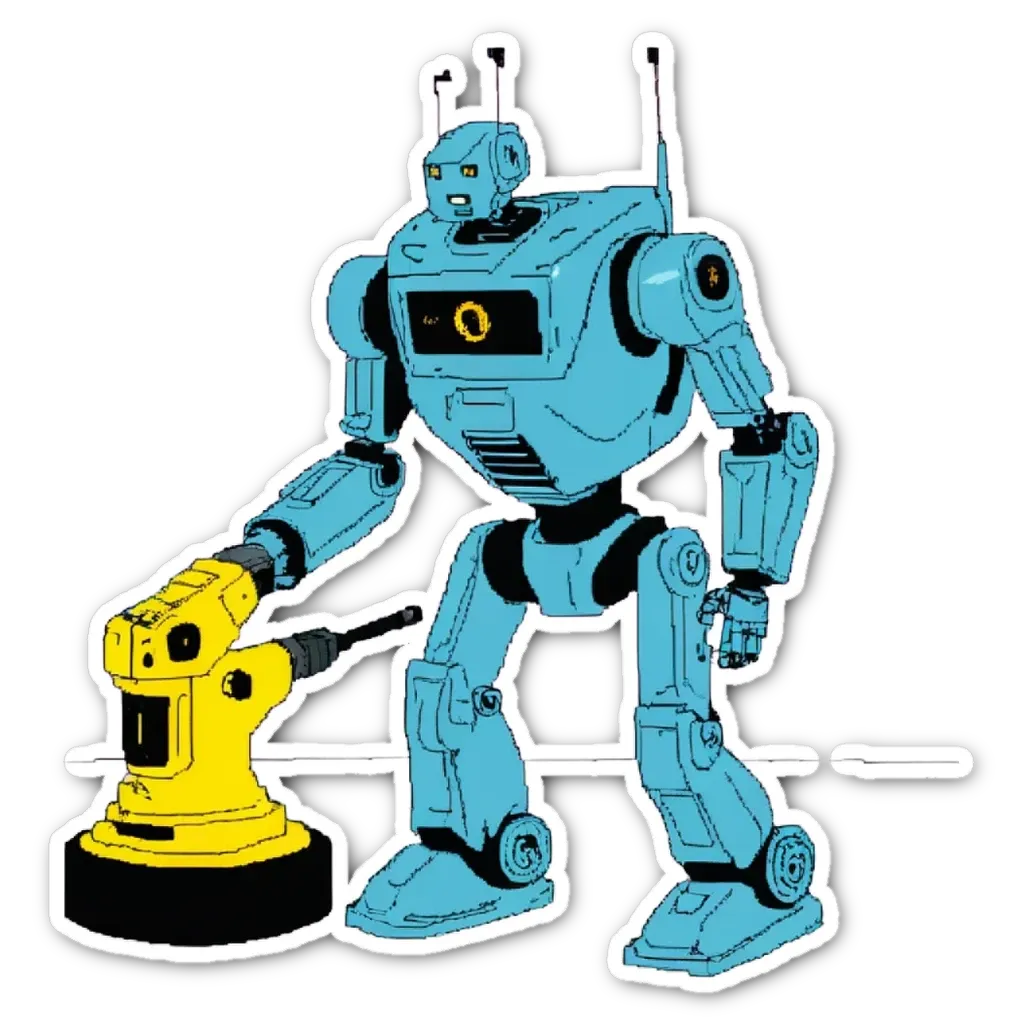 a blue robot holding a yellow tool in its left hand.