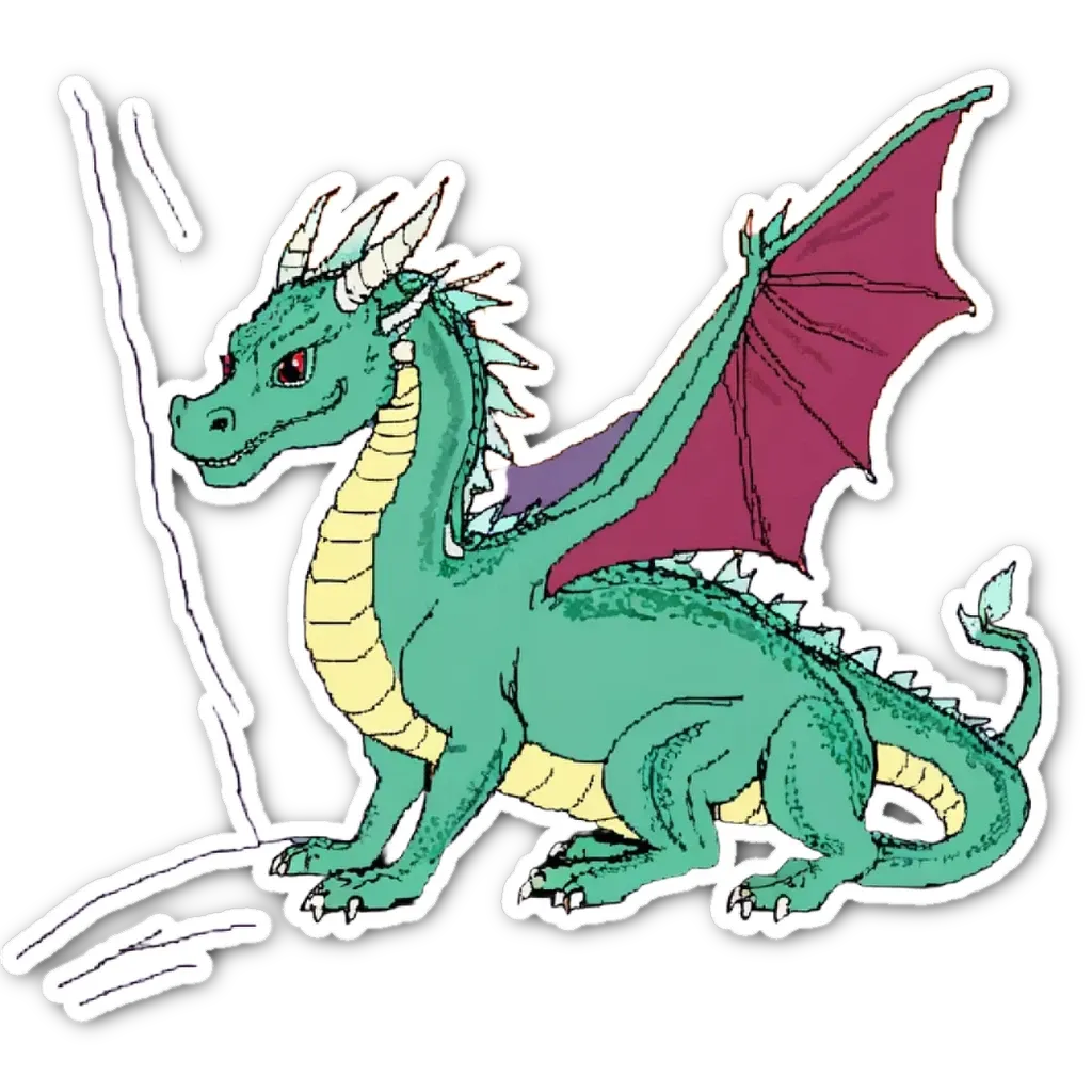 A green and red dragon sitting on a rock.