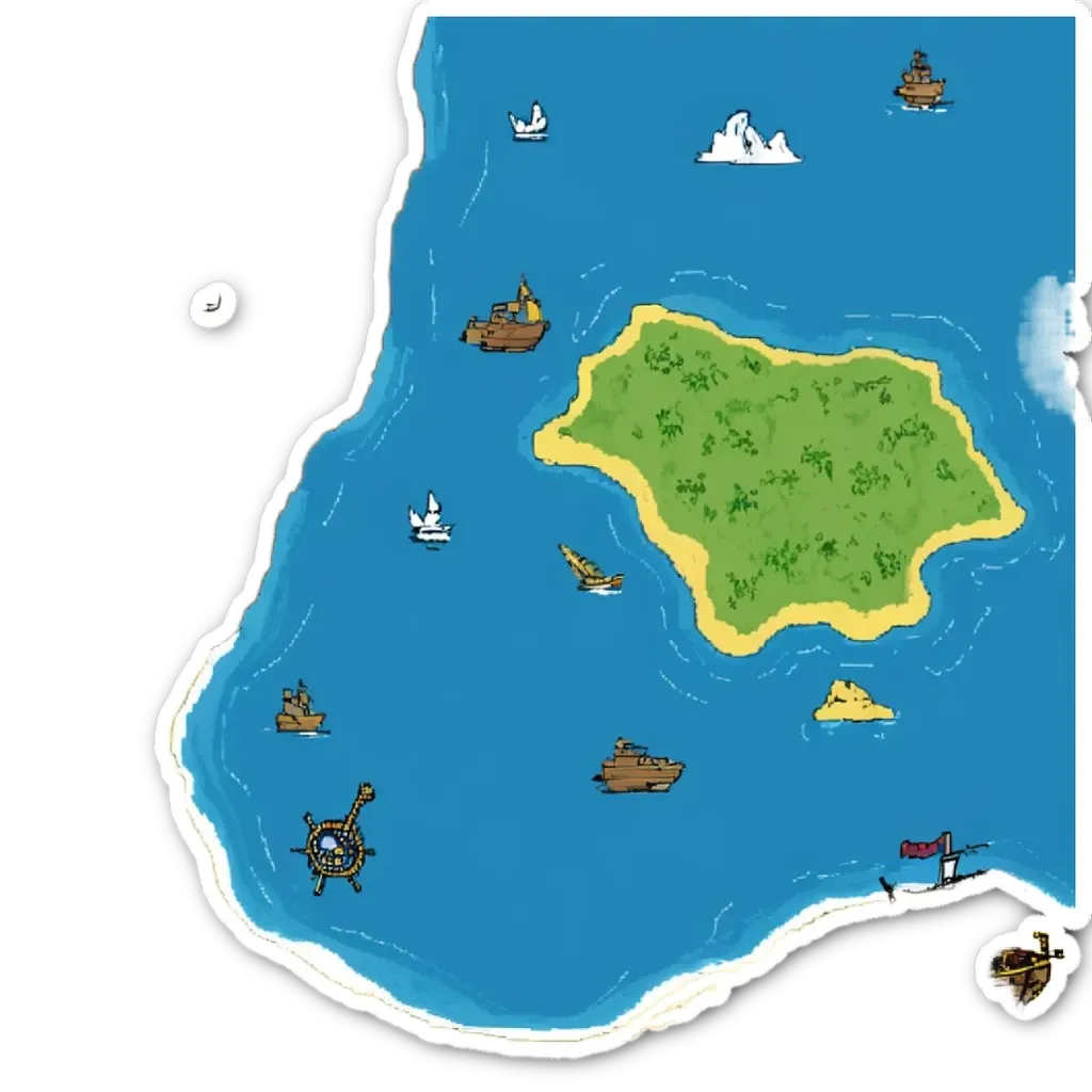 A cartoon map of the ocean with ships and an island in the middle.