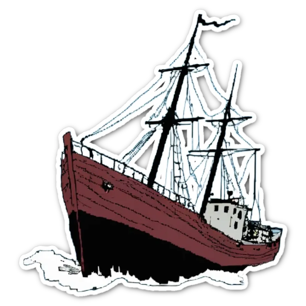 A sticker of a ship that is falling into the water.