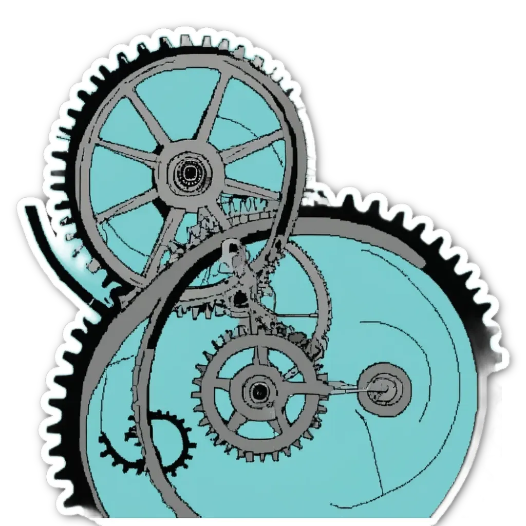 A graphic of a complicated mechanism with three cogs that are blue and silver.