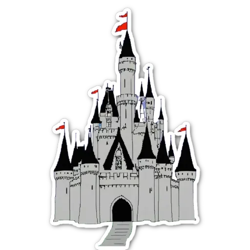 A drawing of a castle is sticker with a black background.