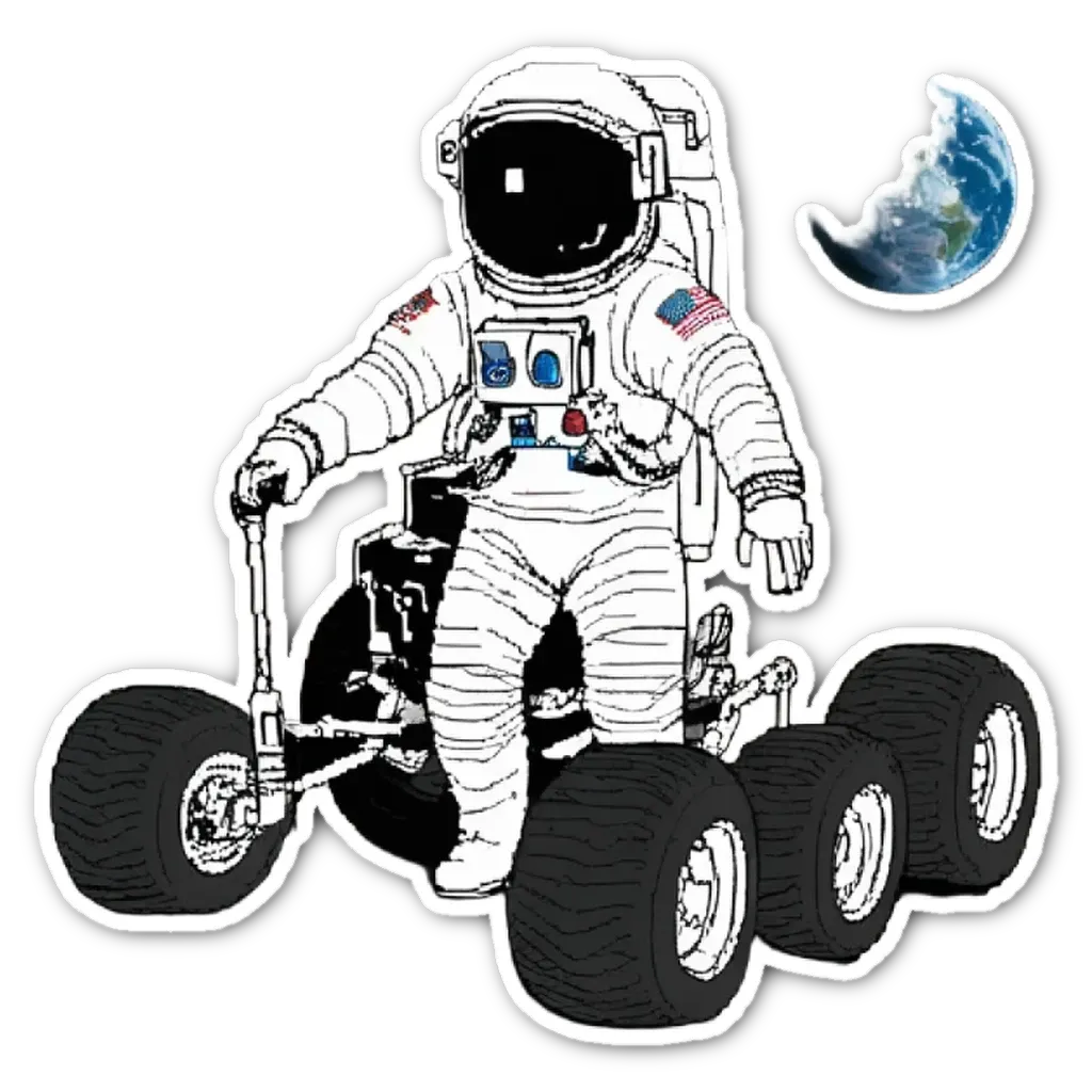 A space man rides a vehicle with 6 wheels.