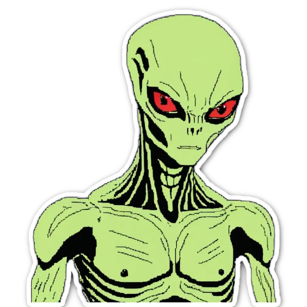 A green alien with red eyes standing in front of a black background.