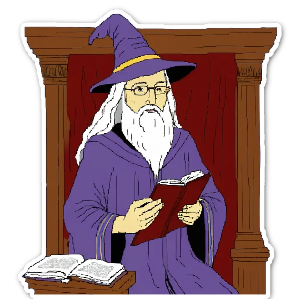 A reading material that has a purple dressed man reading it.