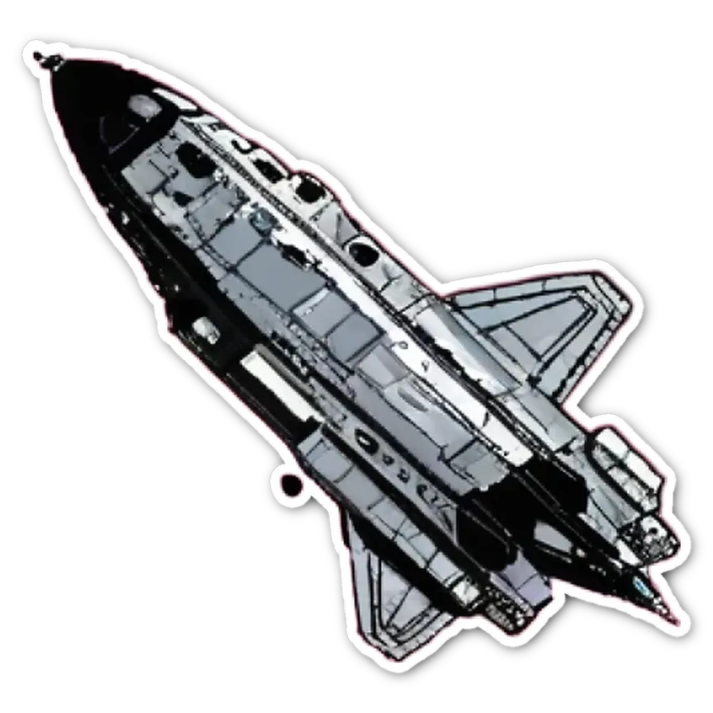 A sticker of a space shuttle that is black, gray, and red.