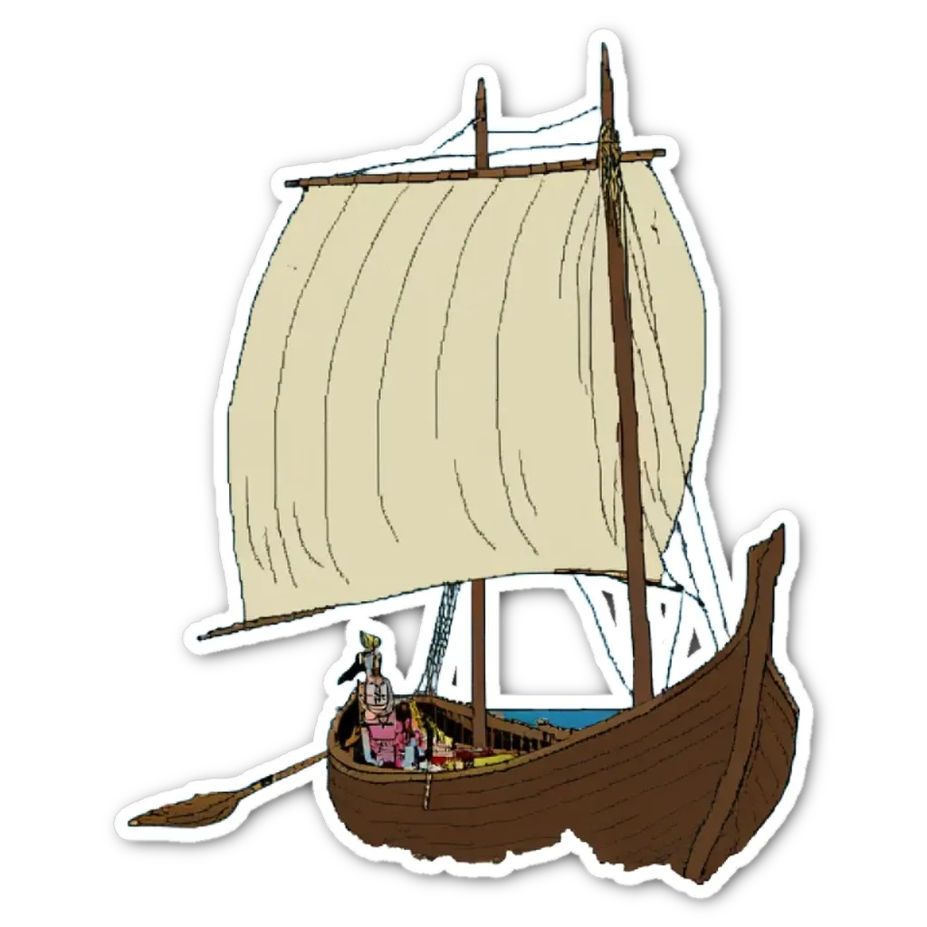 A cartoon depiction of a man in a boat with a sail.