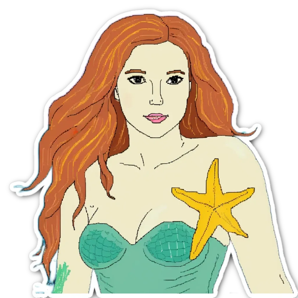 A redheaded girl with a starfish on her right arm.