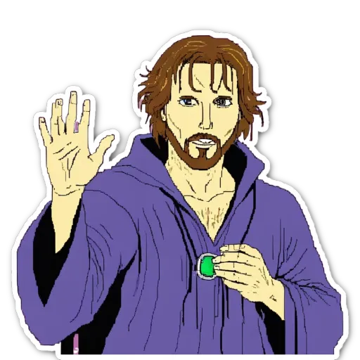 A man in a purple robe with a green stone in his hand who is waving.