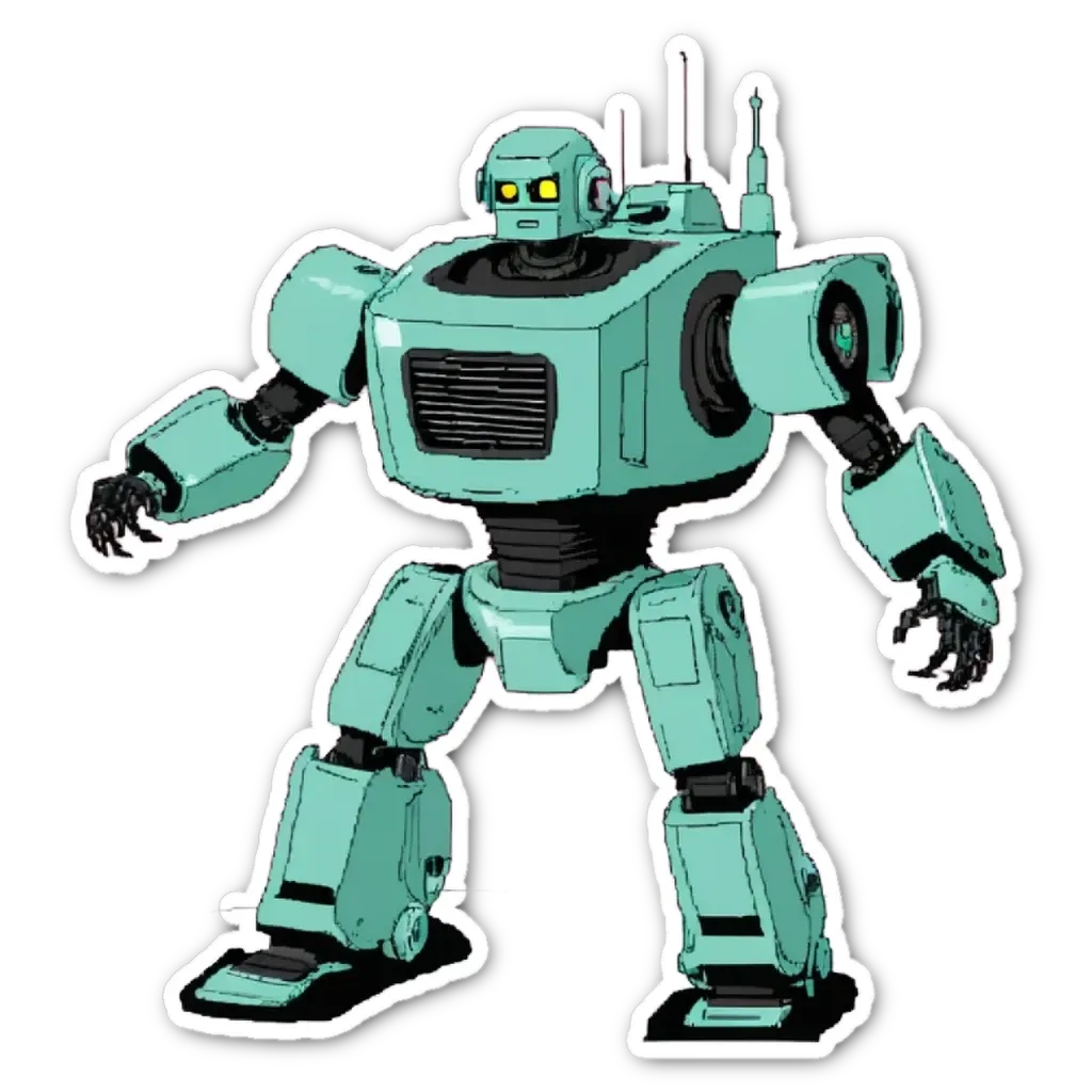 A green robot with yellow eyes stands on a black background.