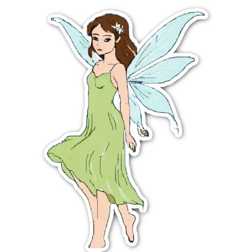 A green dress fairy is standing on a black and white background.