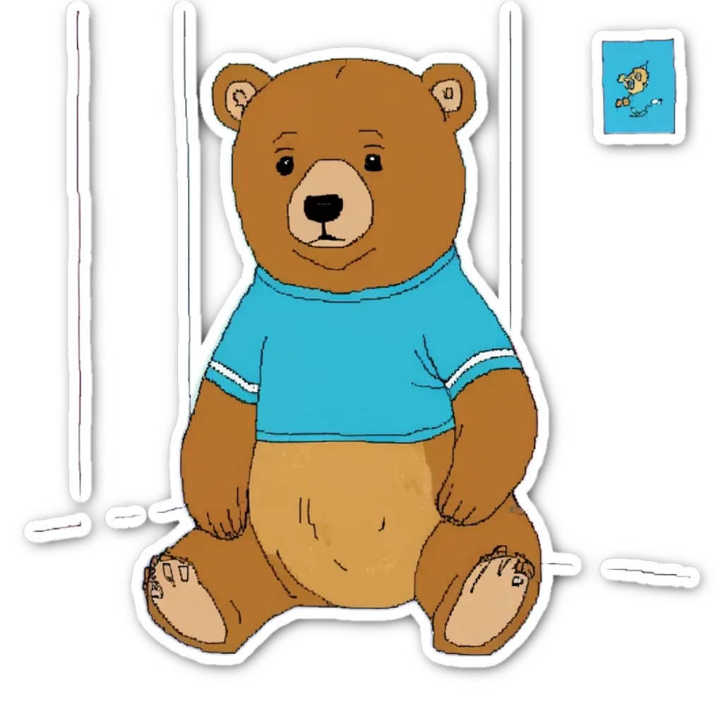 A teddy bear in a blue shirt is sitting down.