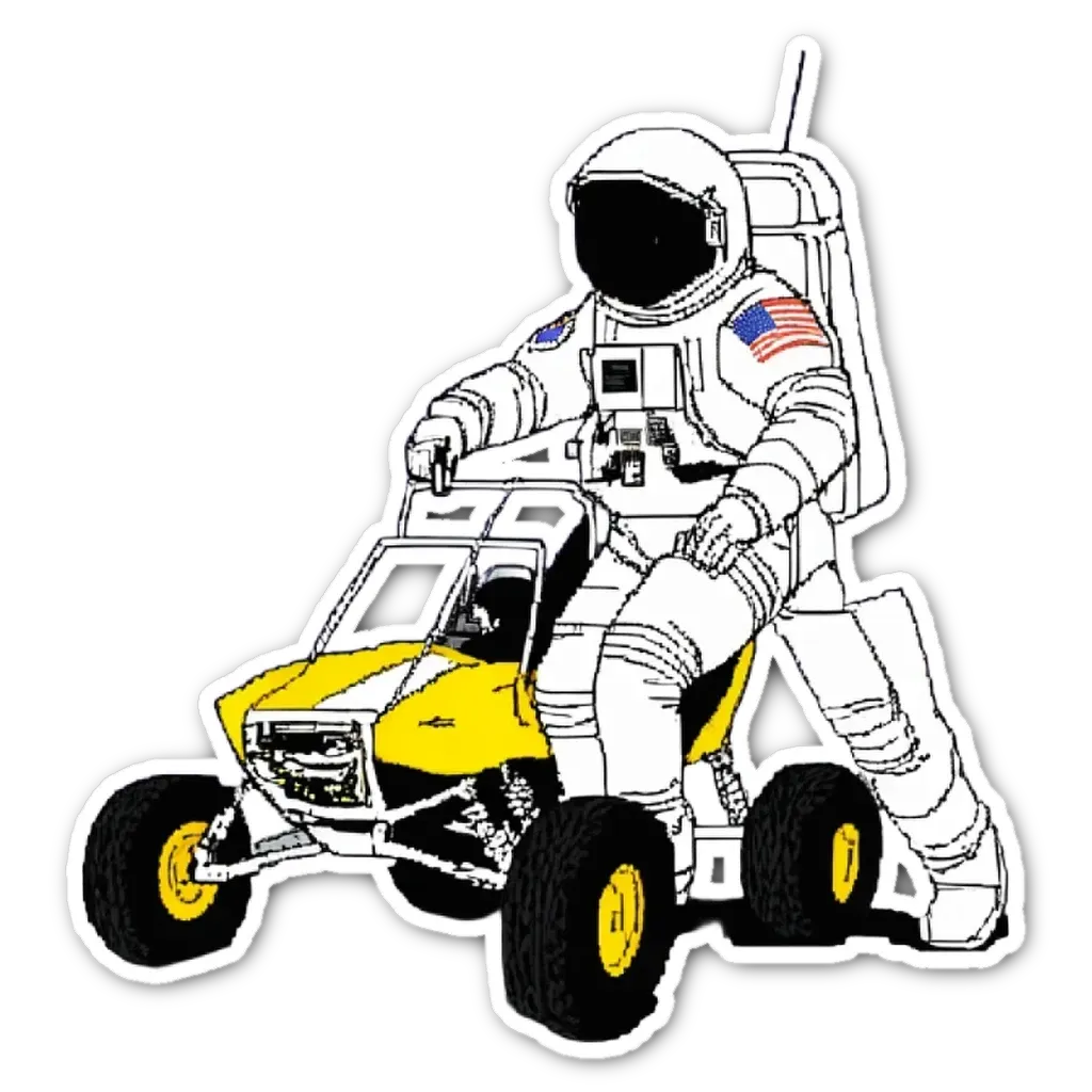 An American in space in a vehicle that has 4 tires and an american flag on the front.