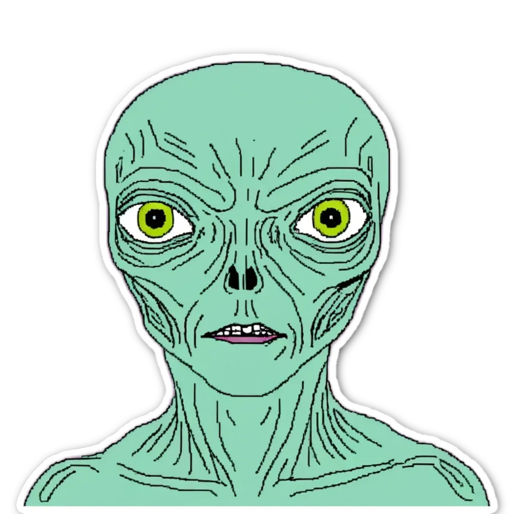 A green alien with yellow eyes is staring at you.