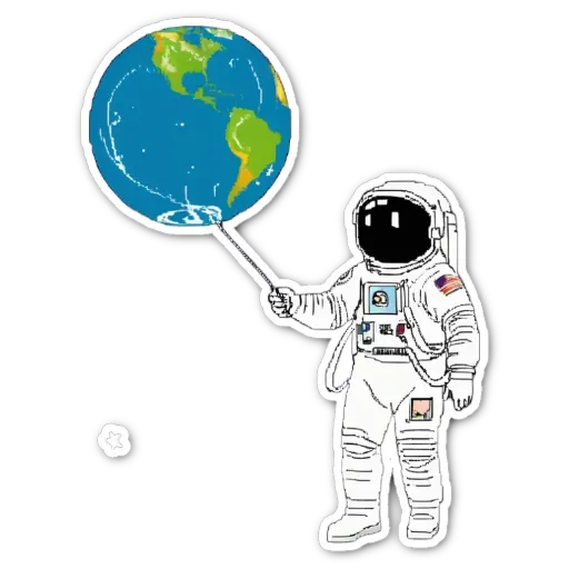 A space man holding a globe is pointing towards the earth.