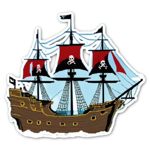 A sticker of a ship with three skulls on the sails.