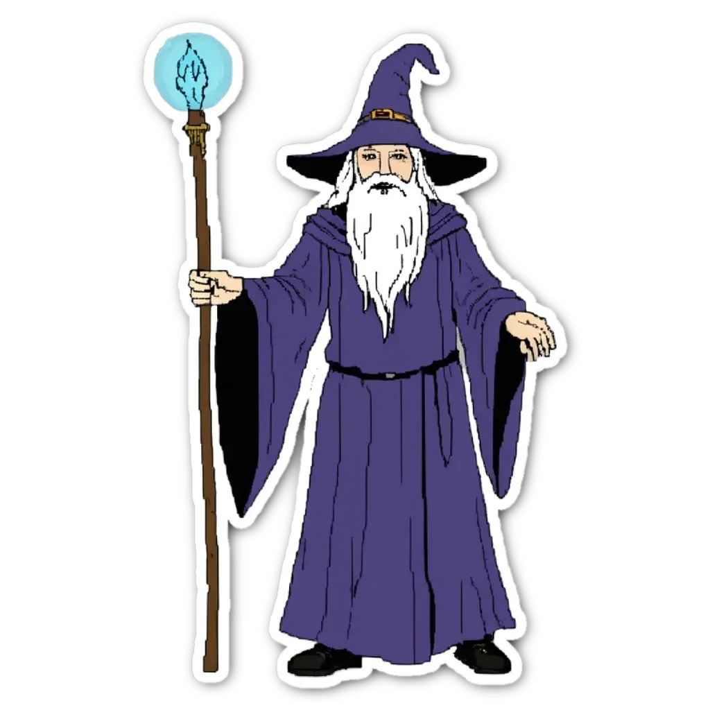 A cartoon drawing of a wizard with a staff.