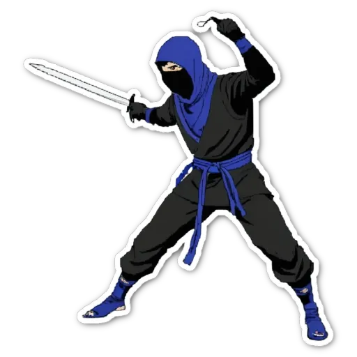 A blue and black sticker of a ninja with a sword.