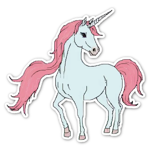 A unicorn sticker with pink hair and a white body.