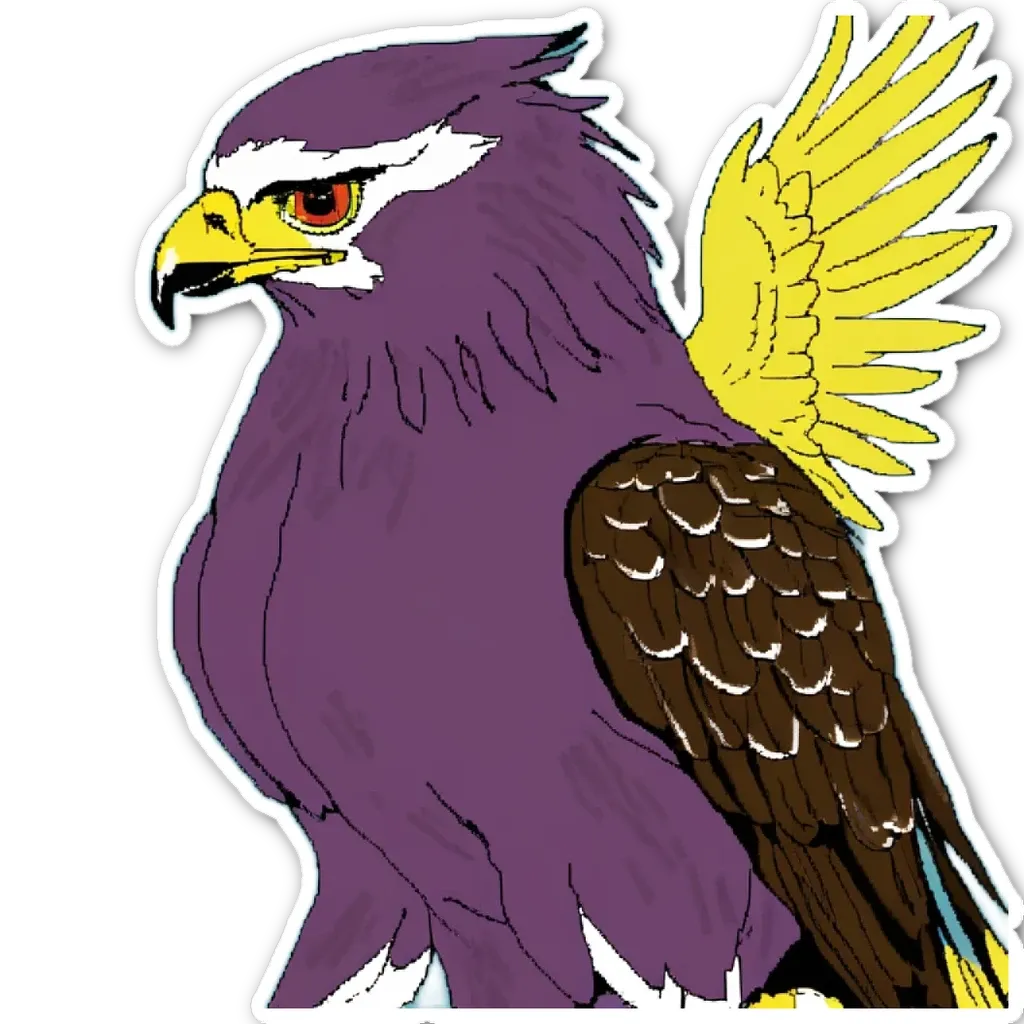 A sticker of an eagle with purple wings is on a black background.