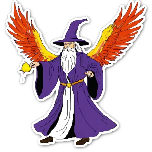 A drawing of a wizard that is purple and white.