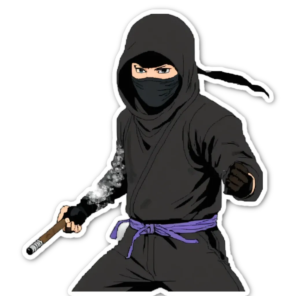 A sticker of a black ninja with a stick in his right hand.