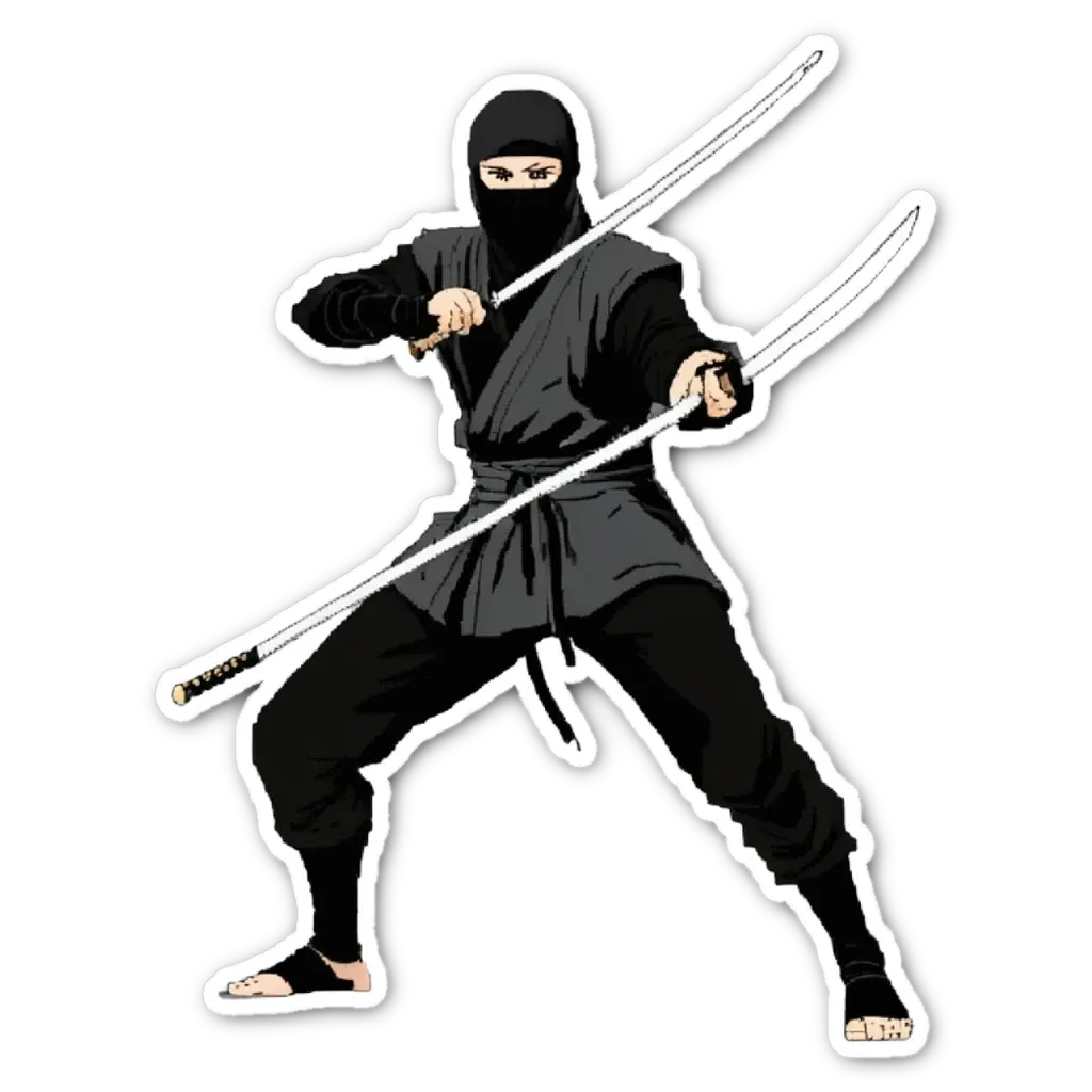 A man is holding two swords and is dressed in a black costume.