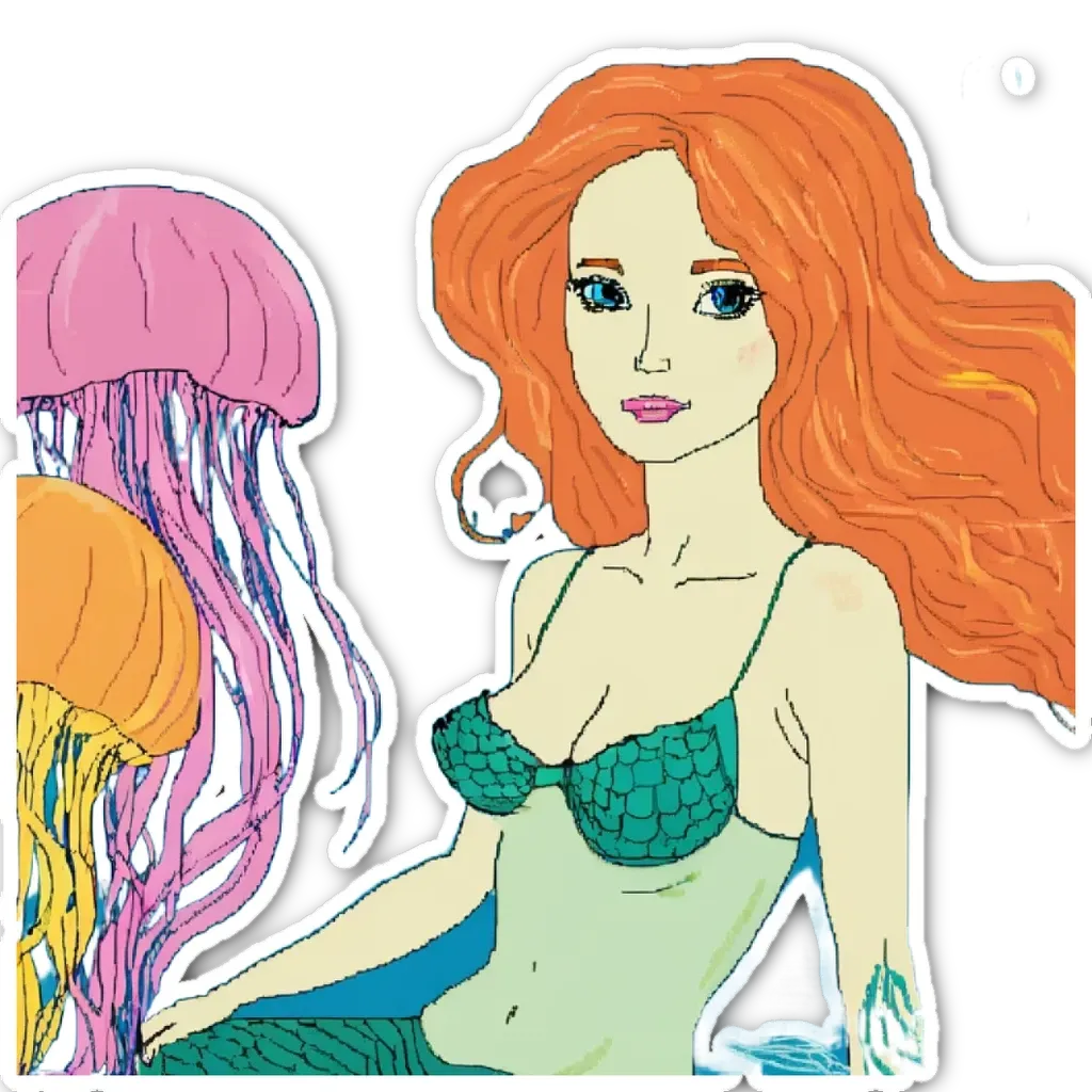 A drawing of a mermaid that includes jellyfish.