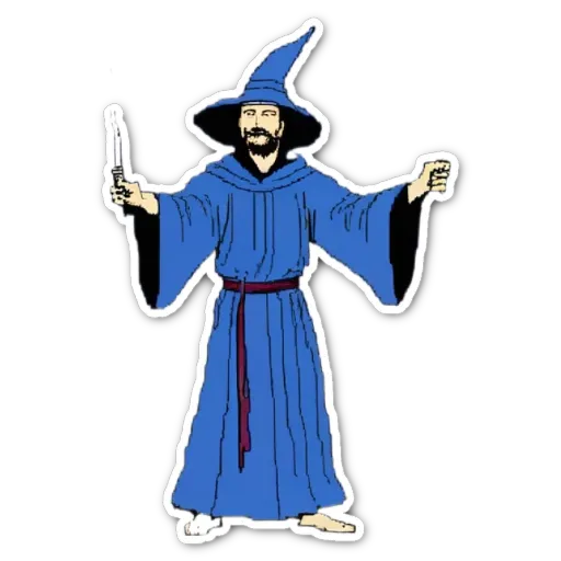 A blue wizard sticker with a knife in hand.