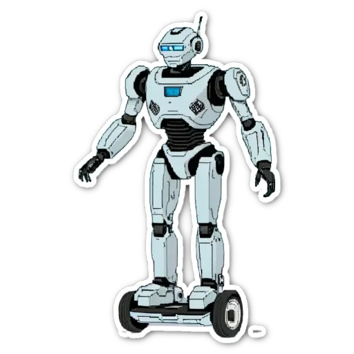 A robot that is white and blue and riding a wheeled base.