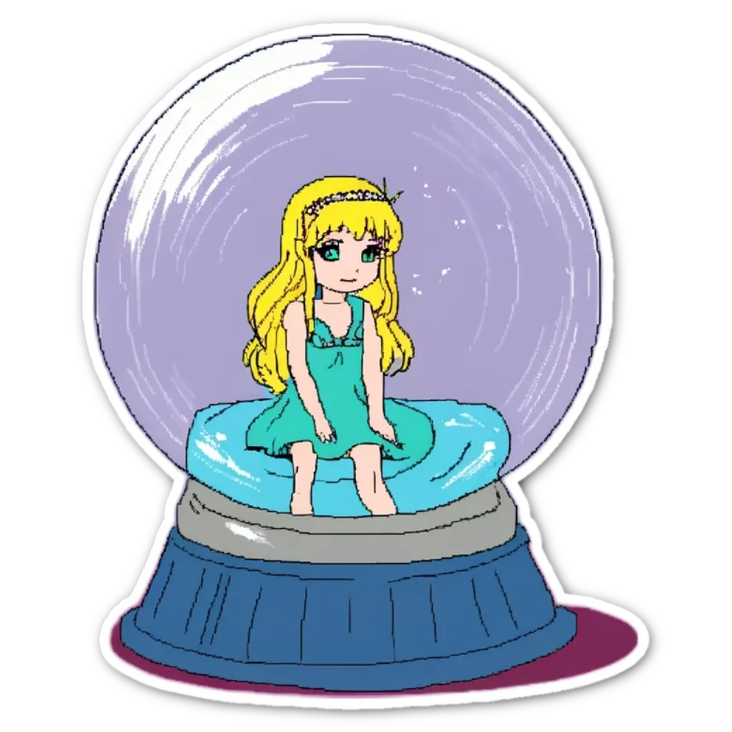 A cartoon drawing of a girl sitting on top of a glass ball.