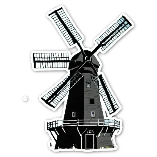 A windmill is depicted with a black and white color scheme.